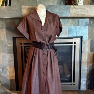 50s Brown Big Buttons Sharkskin Sailor Collar Secretary Geek Day Dress S-M